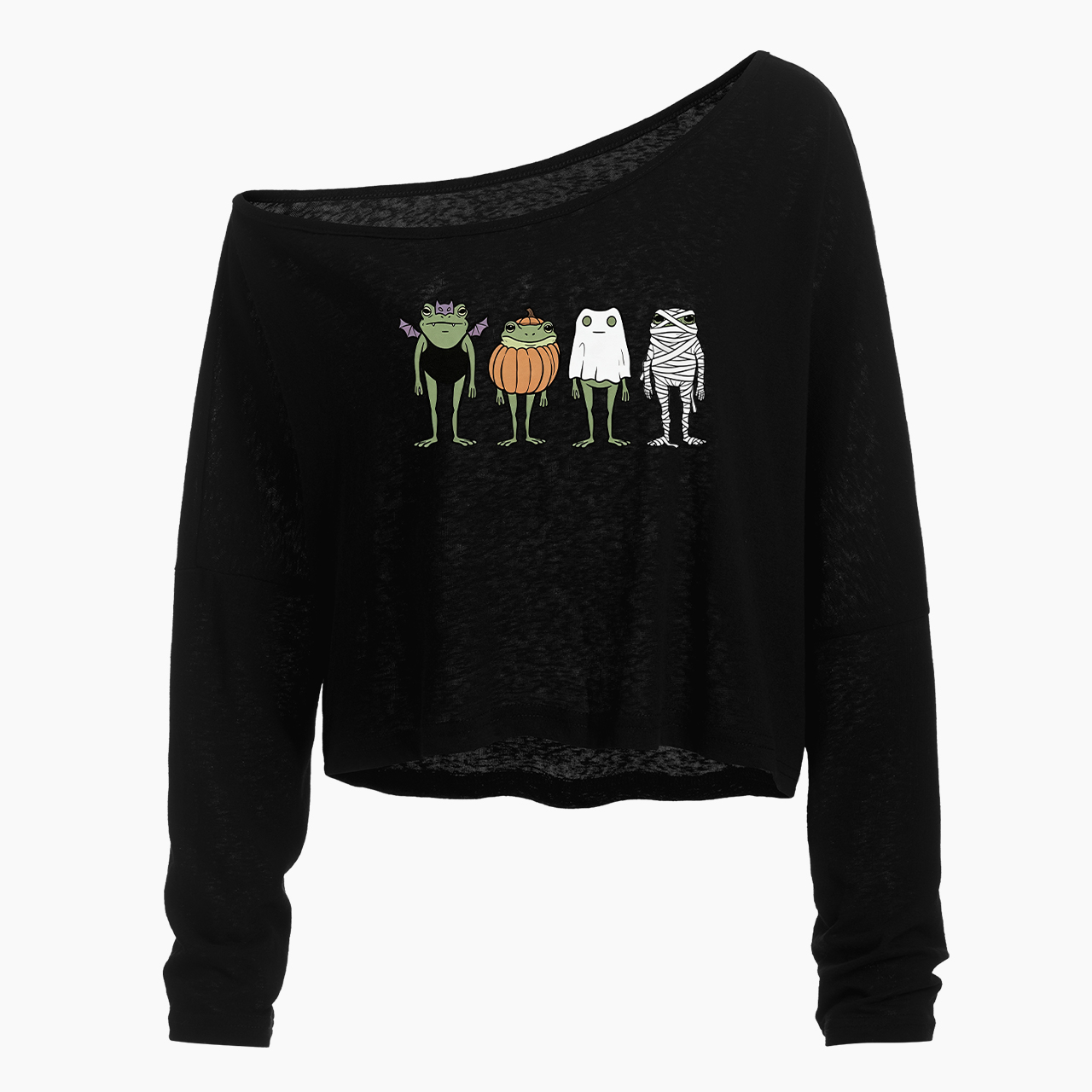 Trick or Treat Frogs Off Shoulder Long Sleeve Crop Top