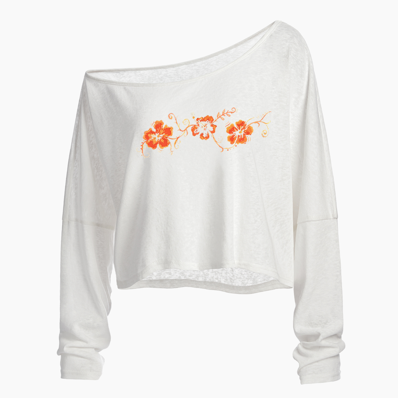 Orange Flower Off Shoulder Long Sleeve Crop Top