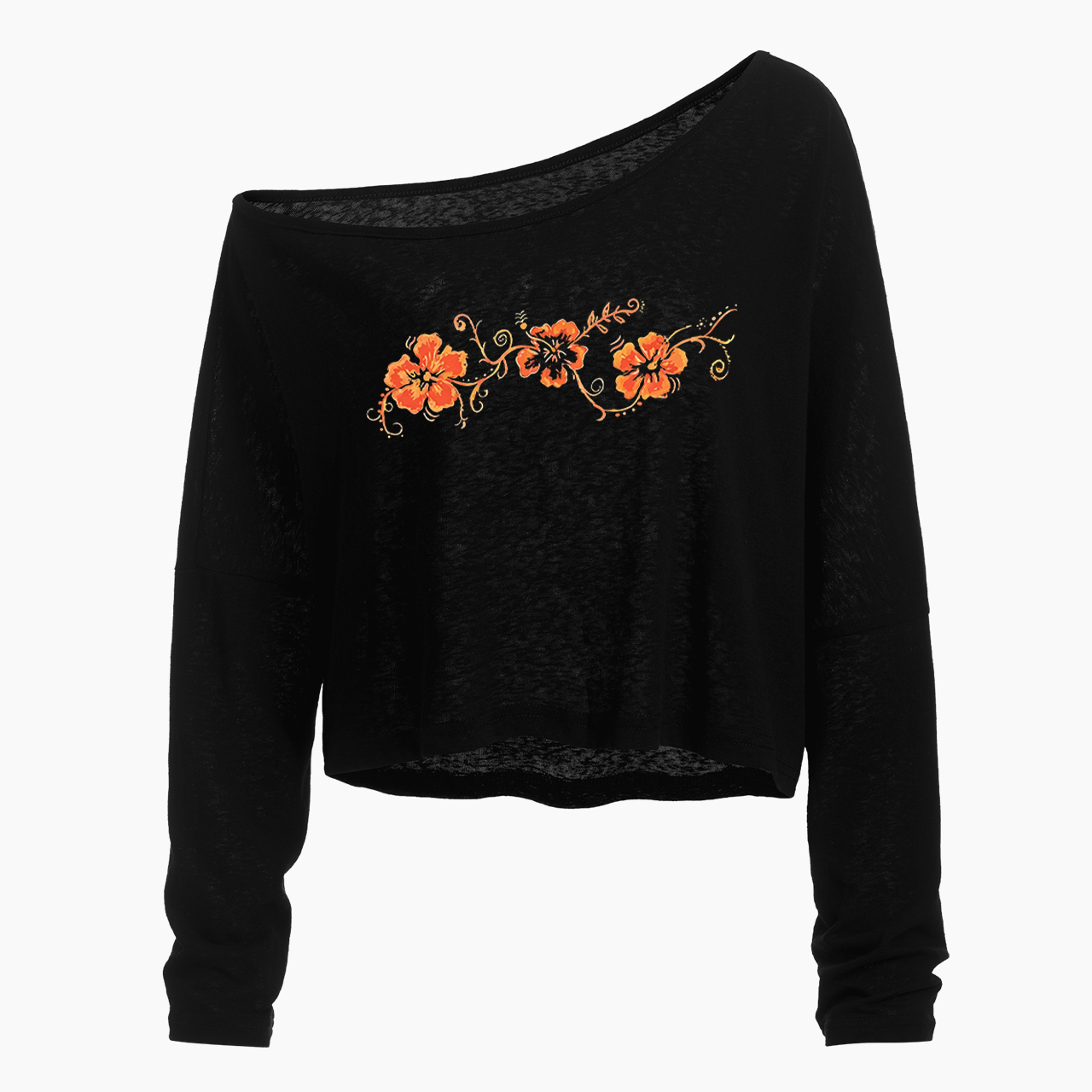 Orange Flower Off Shoulder Long Sleeve Crop Top