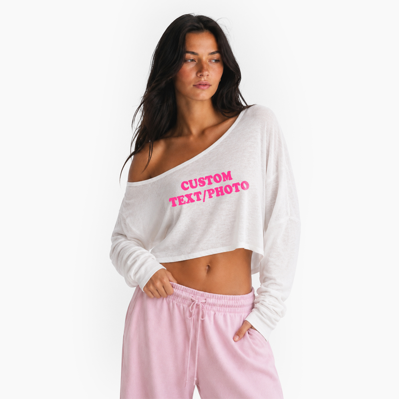 Custom Personalized Text Photo Off Shoulder Long Sleeve Crop Top Jellypine
