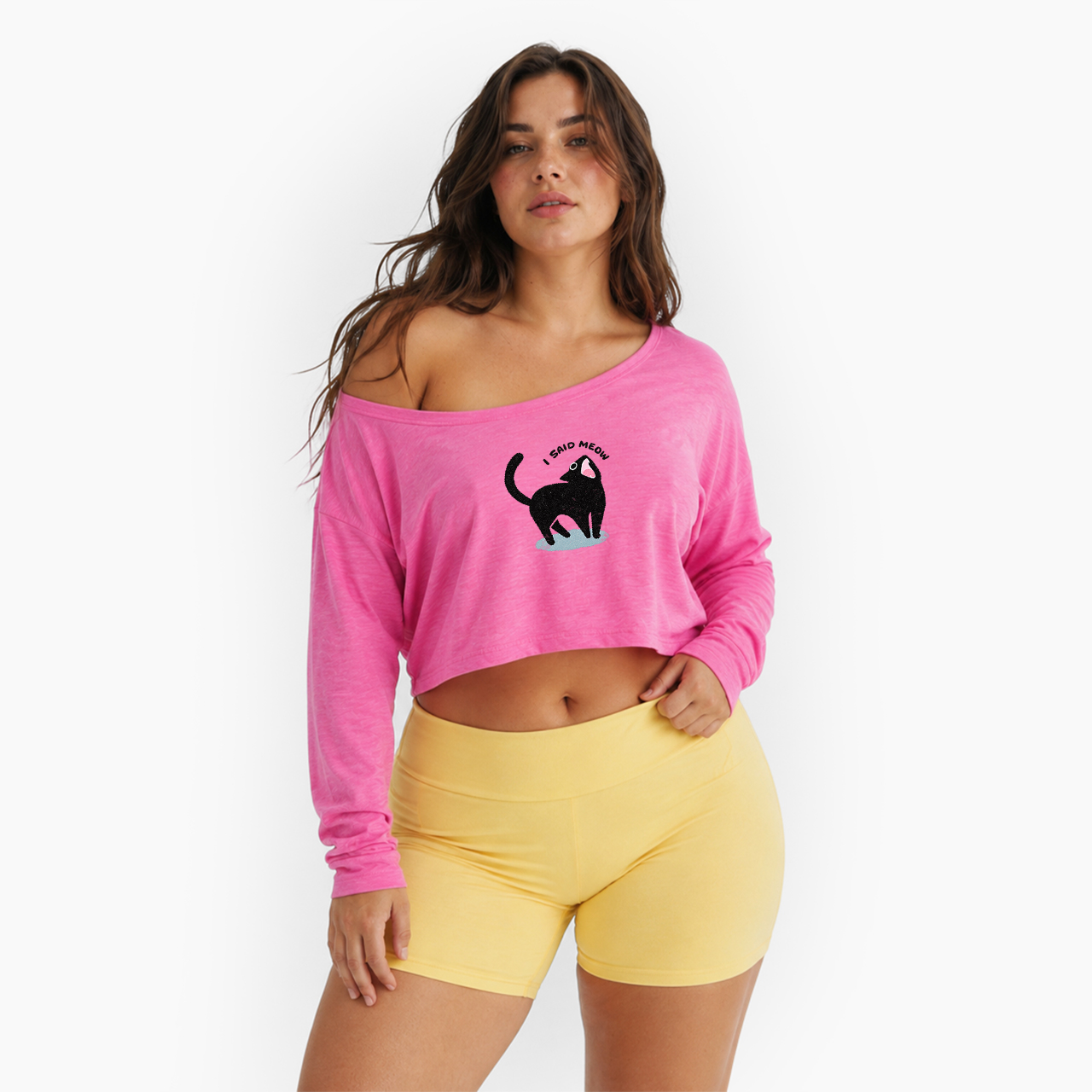 I Said Meow Off Shoulder Long Sleeve Crop Top