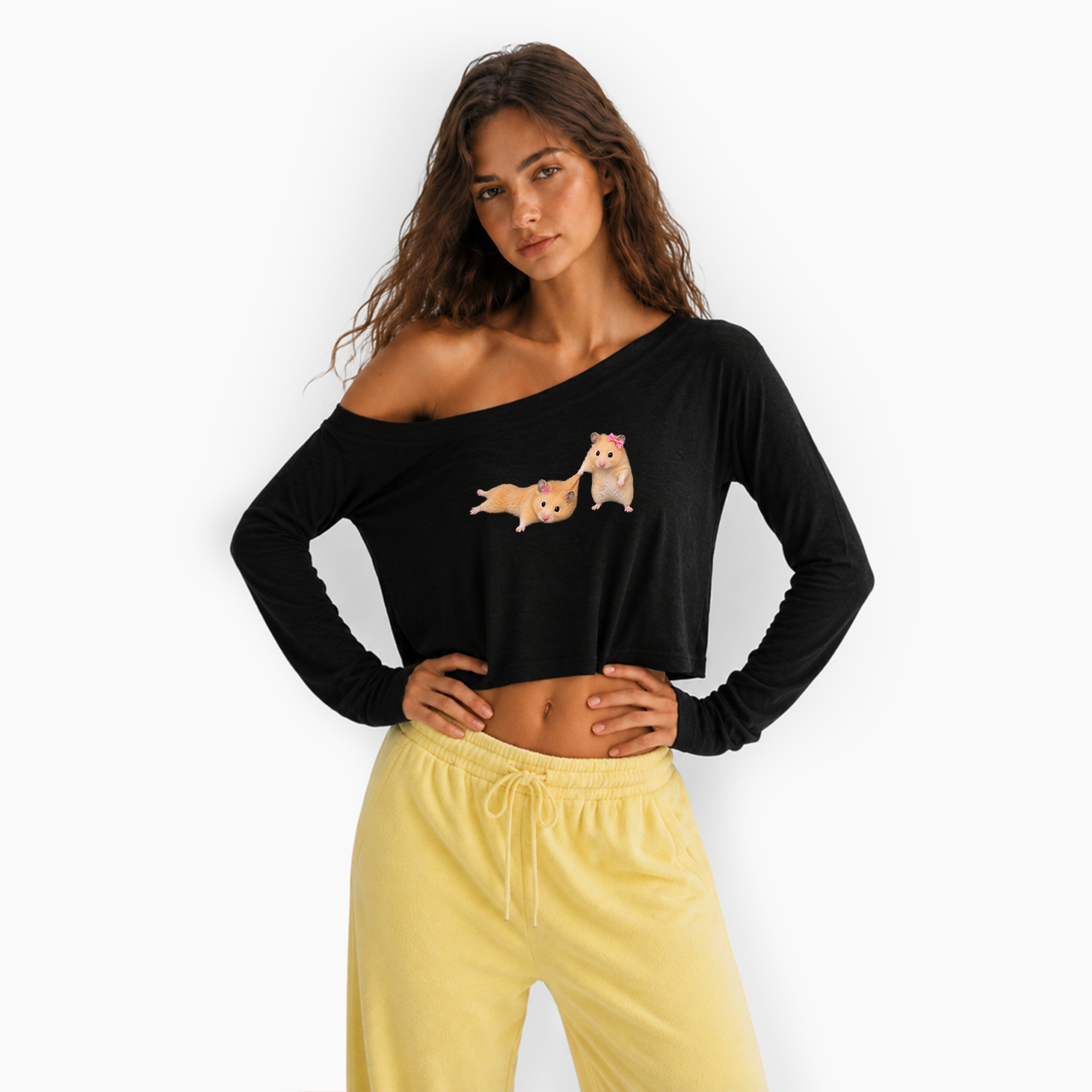 Tiny Hamster Besties Off Shoulder Long Sleeve Crop Top