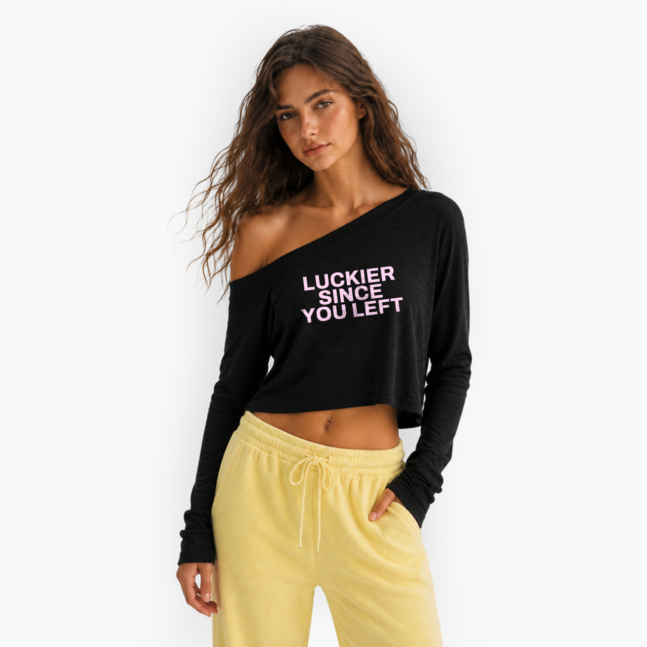 Luckier Since You Left Off Shoulder Long Sleeve Crop Top