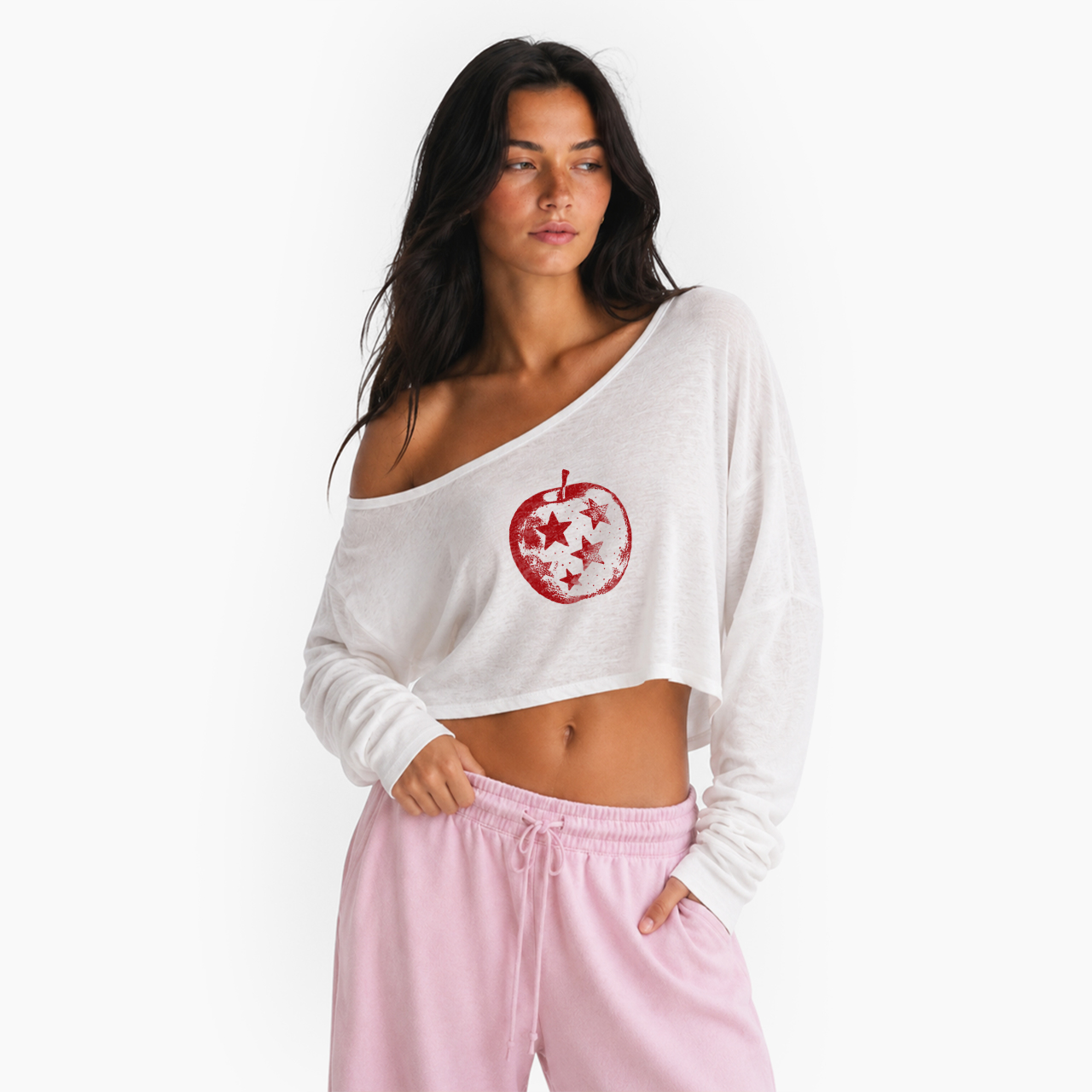 Apple With Stars Off Shoulder Long Sleeve Crop Top