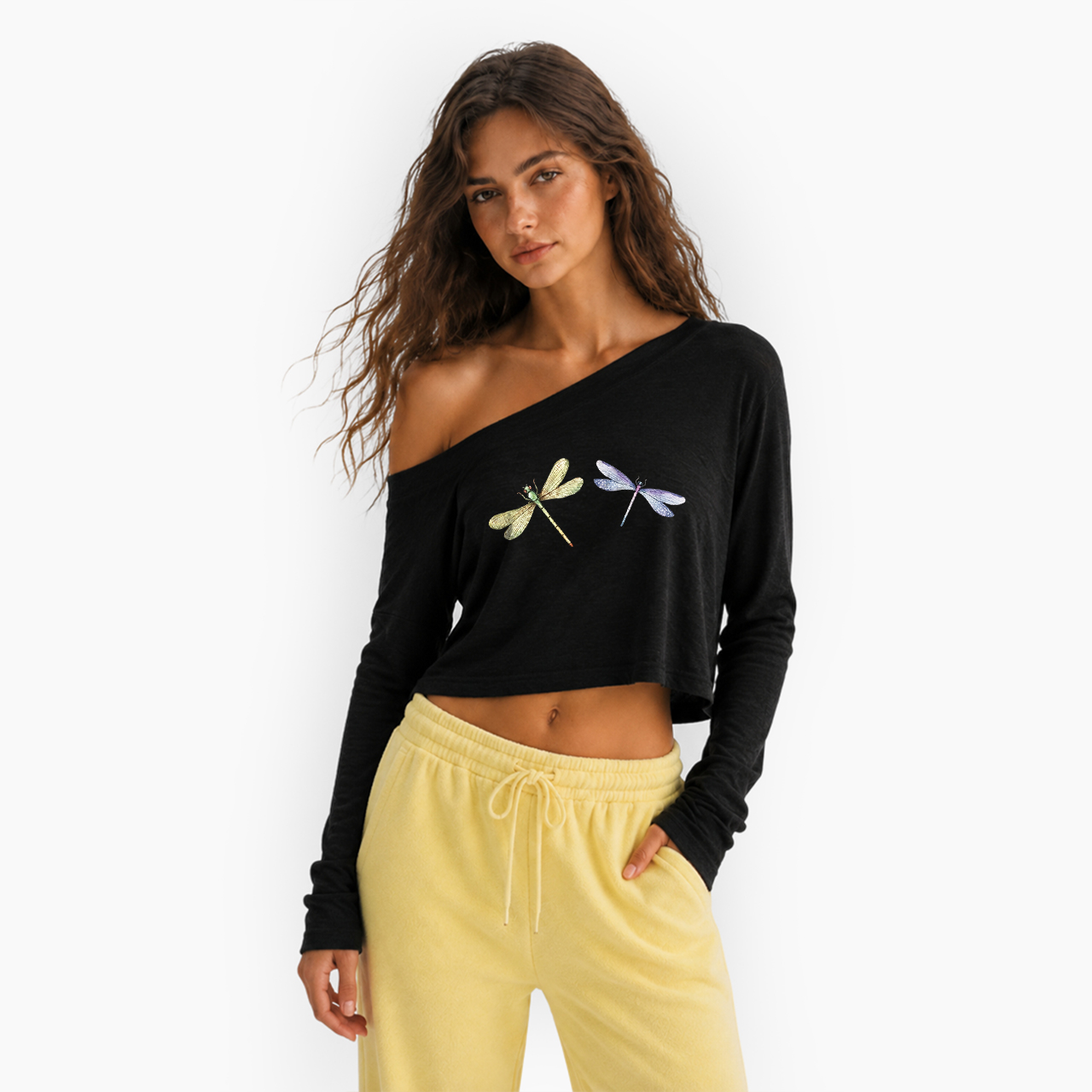 Dragonfly Off Shoulder Long Sleeve Crop Top