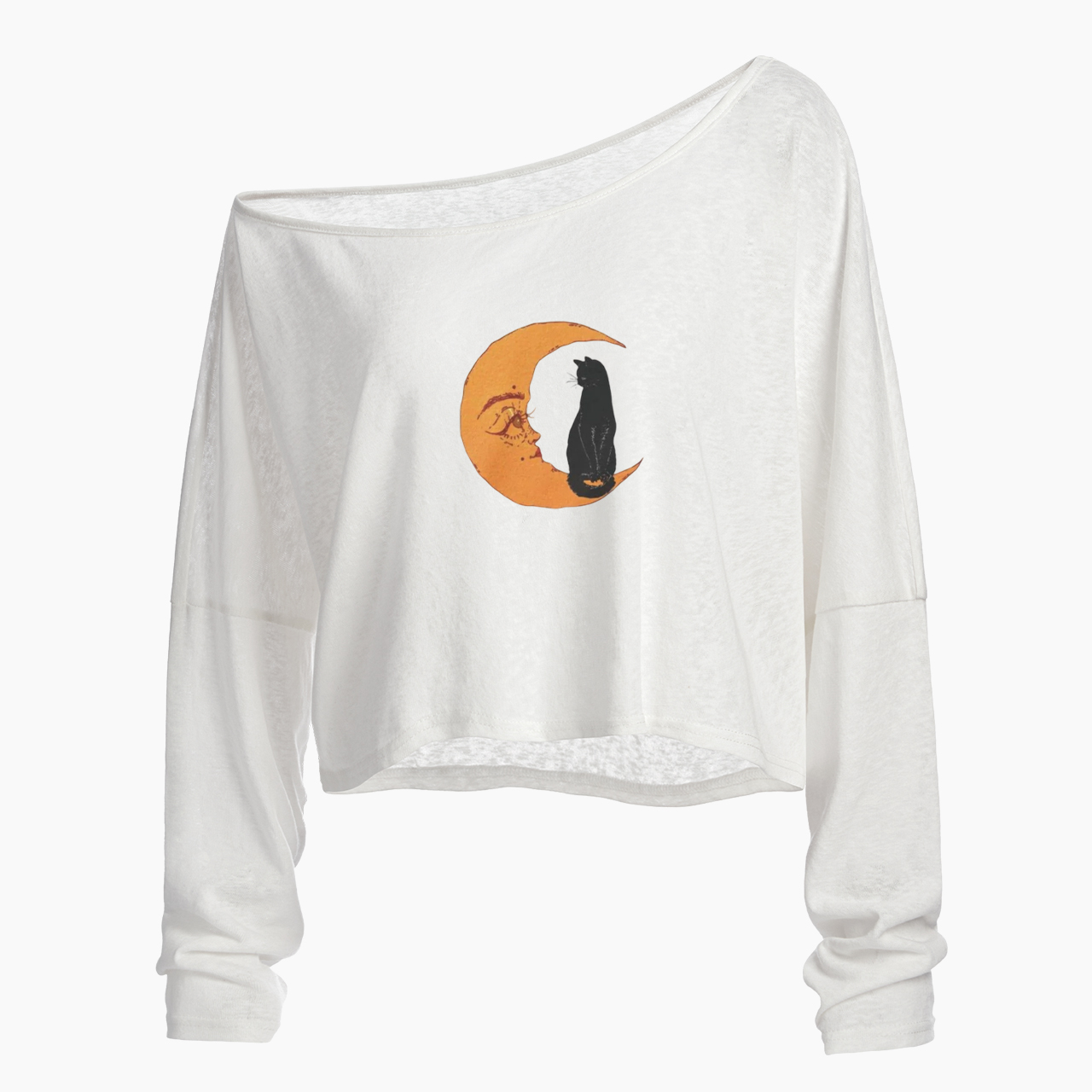 Black Cat Moon Off Shoulder Long Sleeve Crop Top