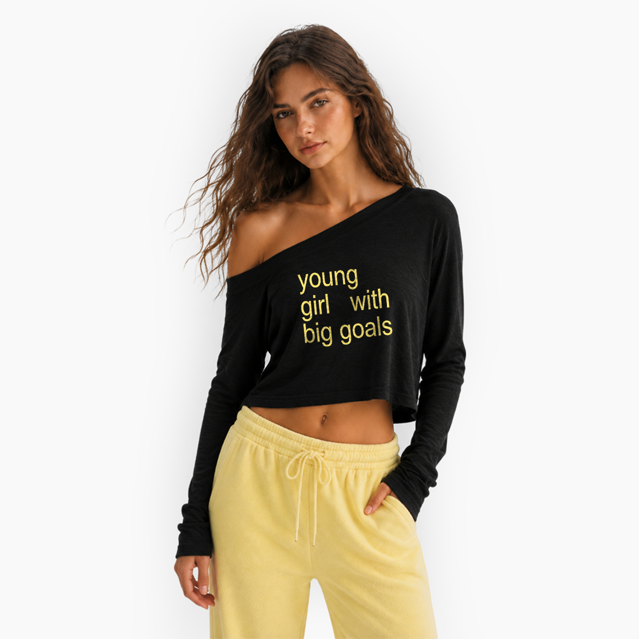 Young Girl With Big Goals Off Shoulder Long Sleeve Crop Top