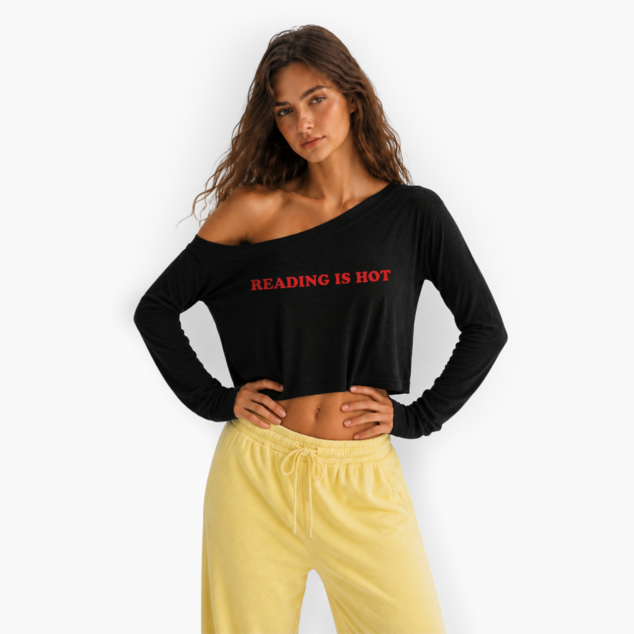  Reading Is Hot Off Shoulder Long Sleeve Crop Top