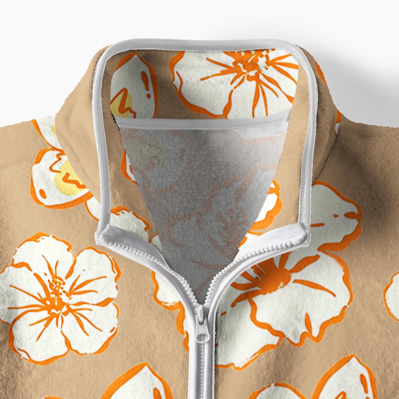 Beige Hawaiian Floral Fleece Full-Zip Cardigan
