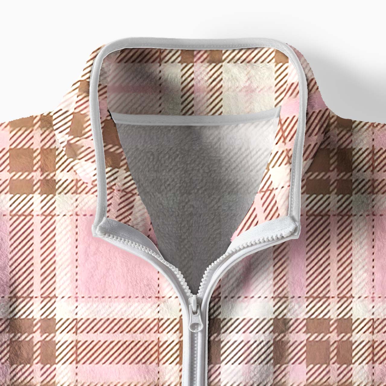 Pink Brown Plaid Fleece Full-Zip Cardigan