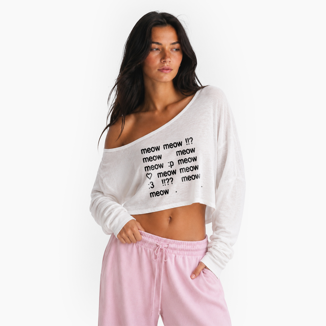 Meow Coquette Kitten Off Shoulder Long Sleeve Crop Top