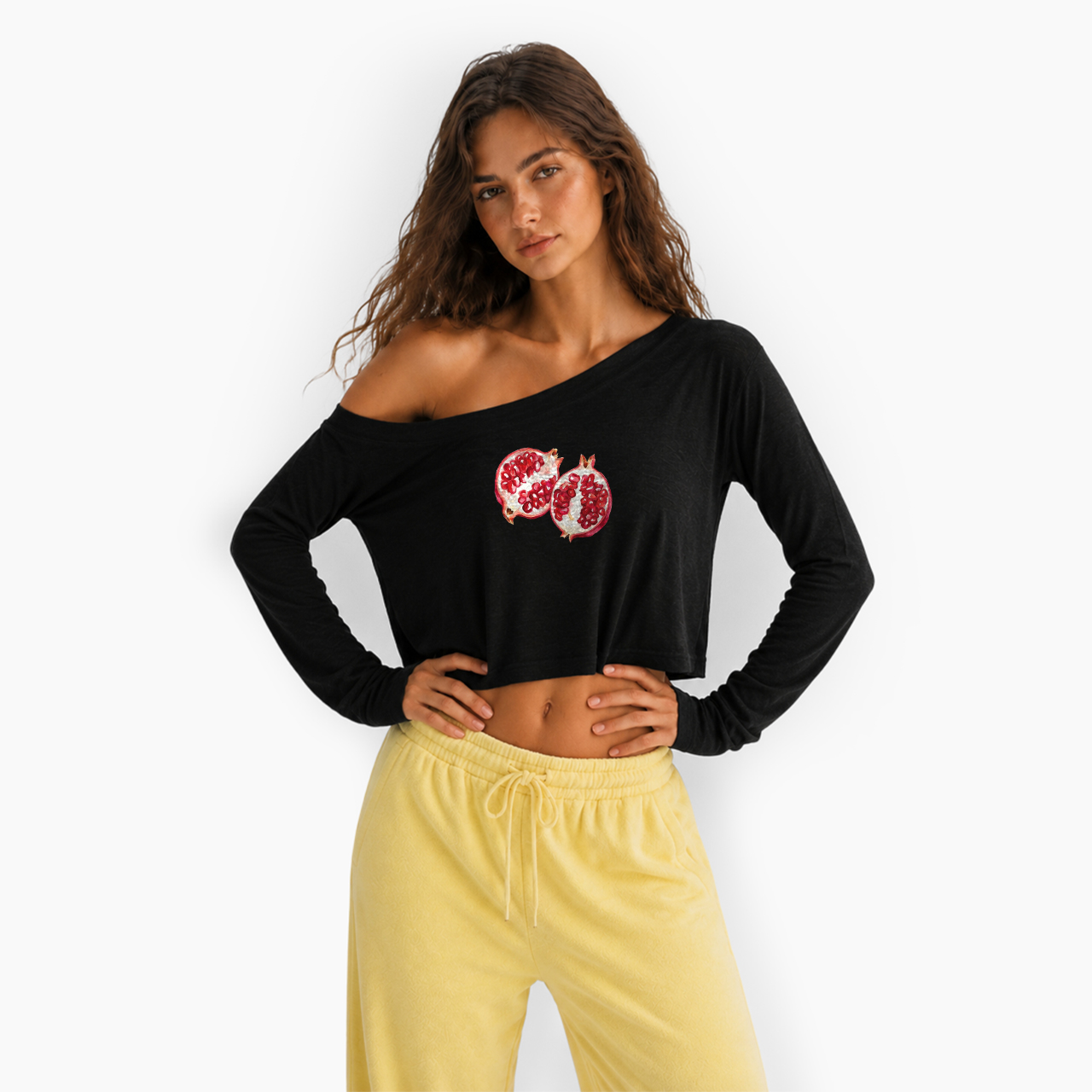 Watercolor Pomegranate Off Shoulder Long Sleeve Crop Top