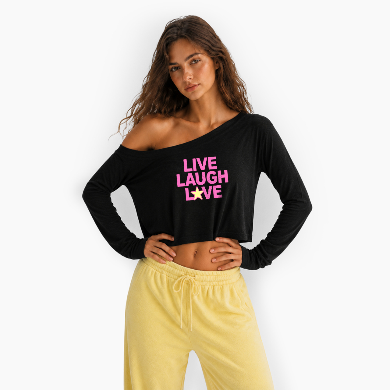 Live Laugh Love Off Shoulder Long Sleeve Crop Top