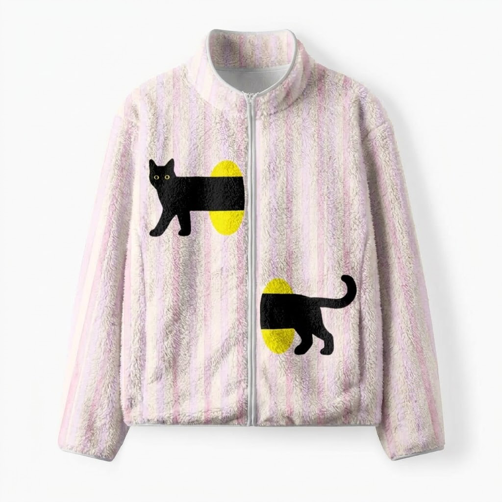 Black Cat Pastel Striped Fleece Full-Zip Cardigan
