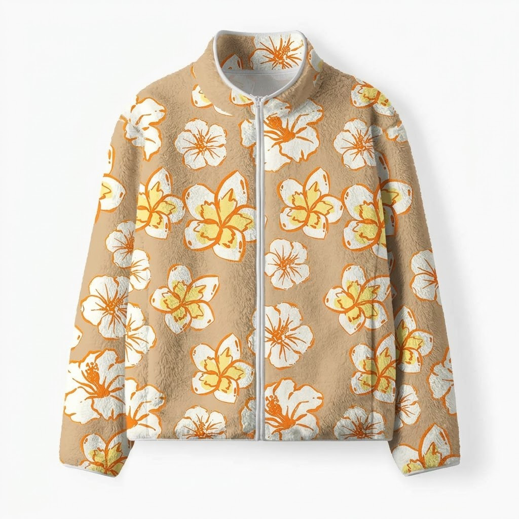 Beige Hawaiian Floral Fleece Full-Zip Cardigan