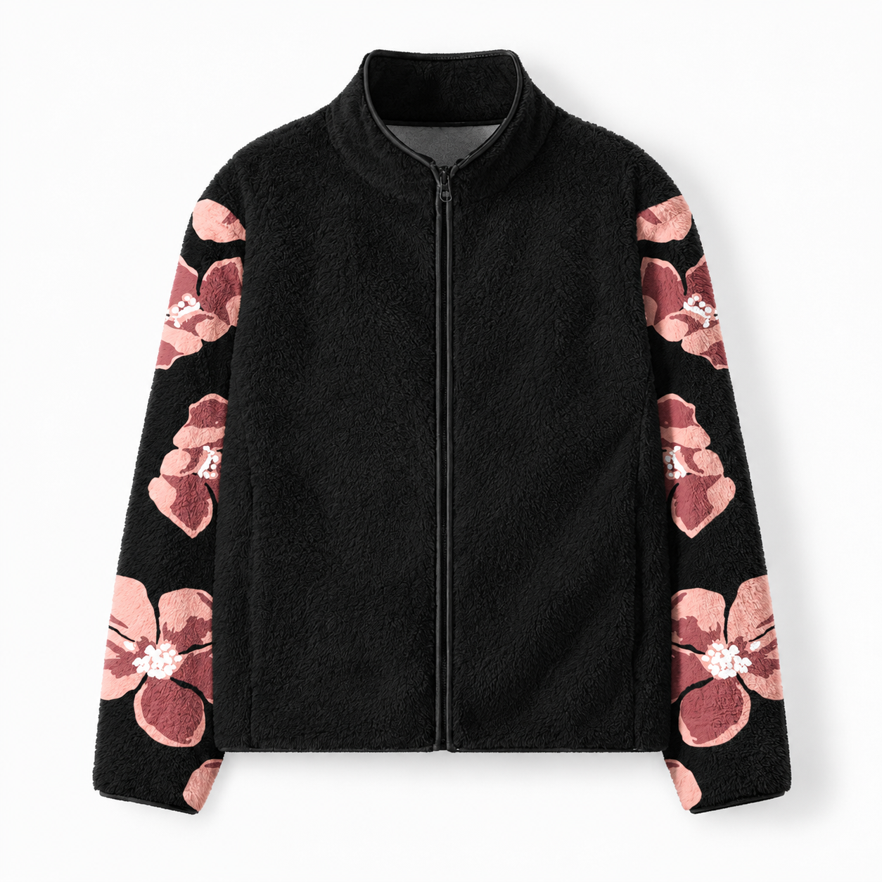 Pink Hibiscus Floral Black Fleece Full-Zip Cardigan