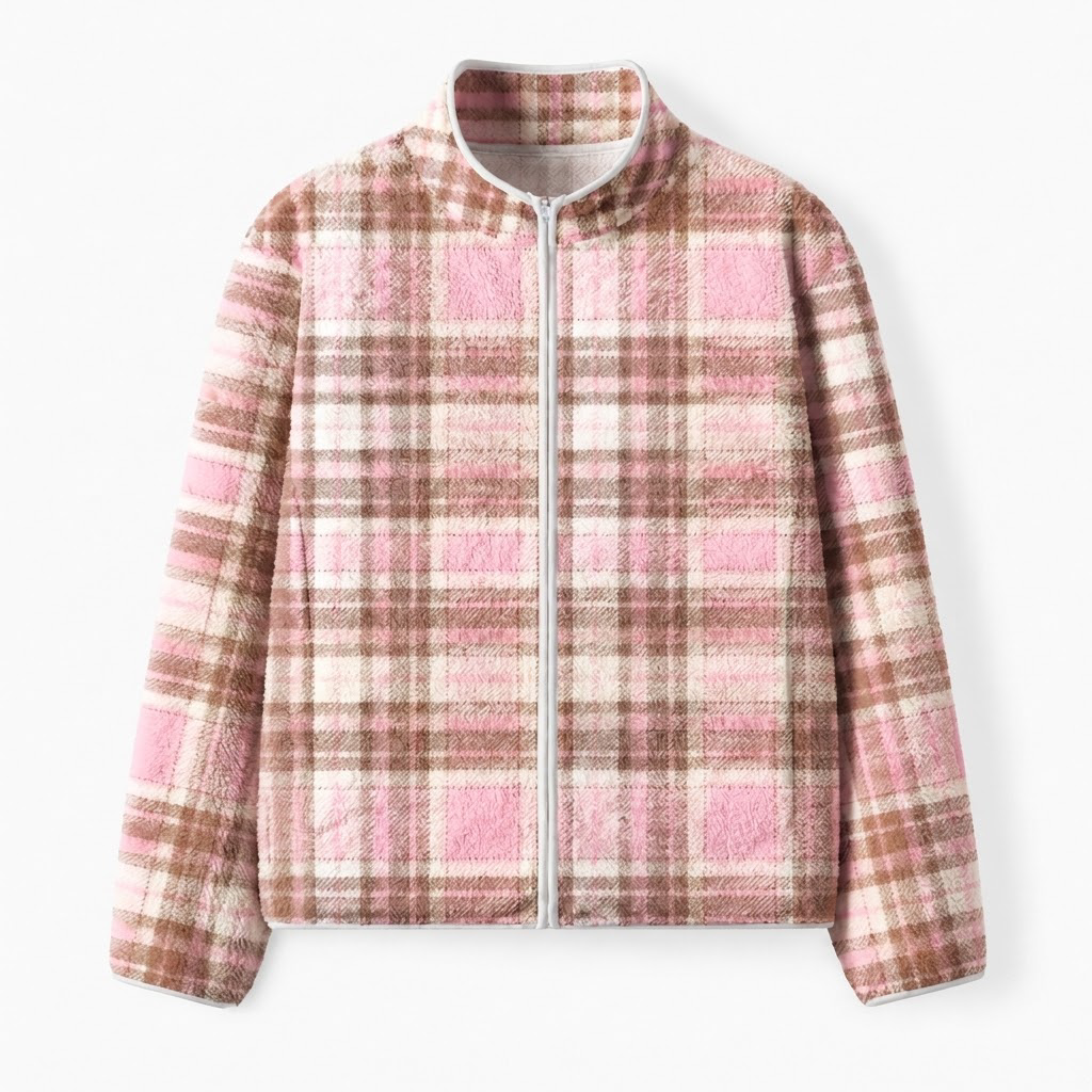 Pink Brown Plaid Fleece Full-Zip Cardigan