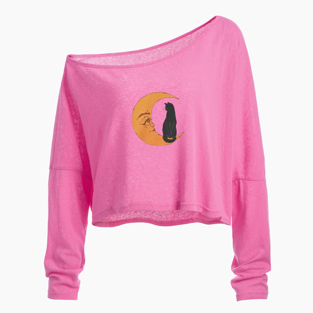 Black Cat Moon Off Shoulder Long Sleeve Crop Top