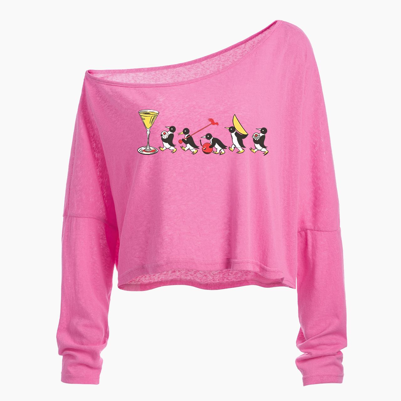 Vintage Cocktail Penguin Off Shoulder Long Sleeve Crop Top