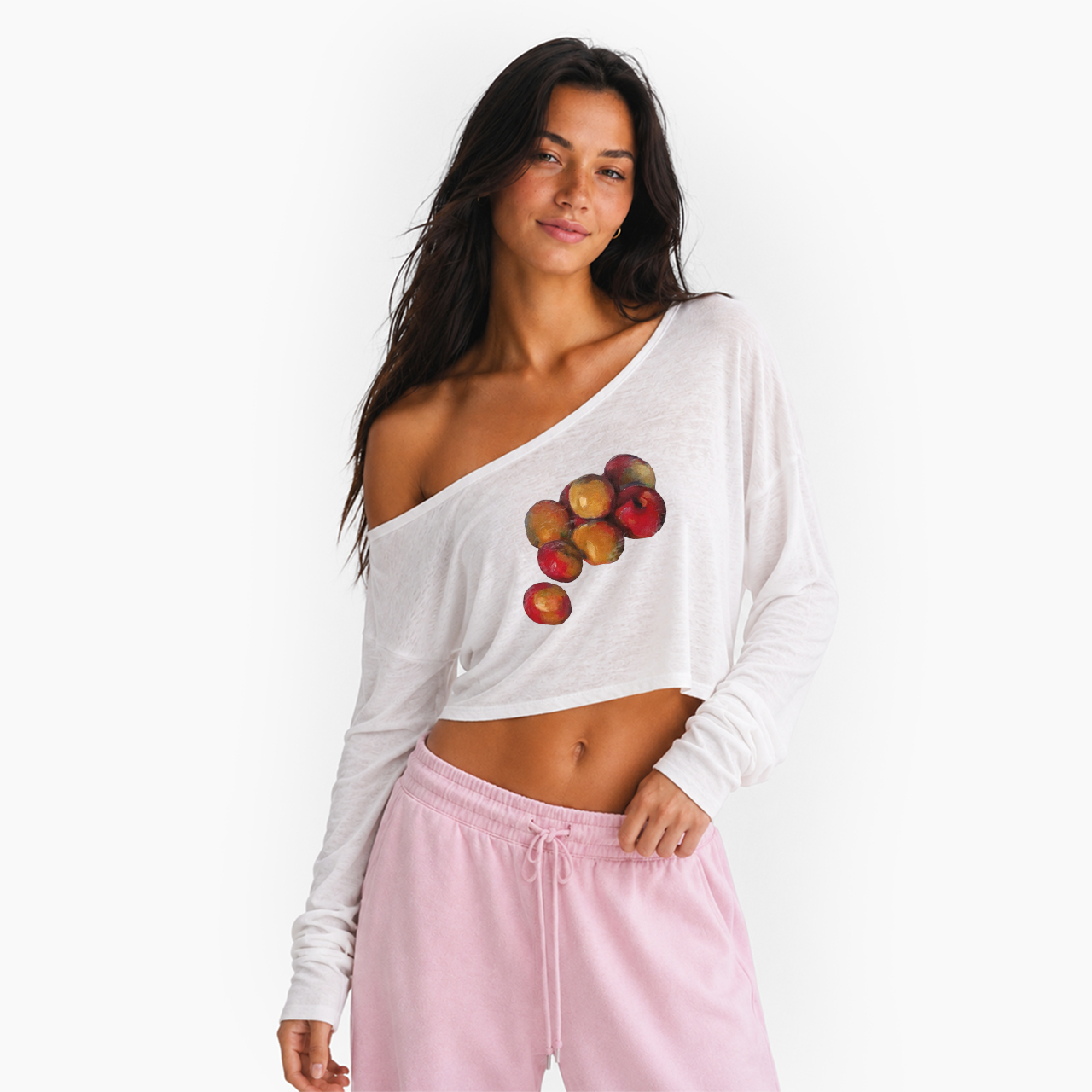 Vintage Apples Off Shoulder Long Sleeve Crop Top