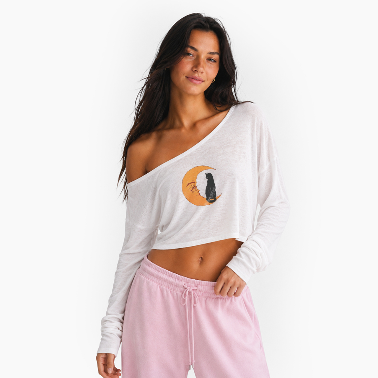 Black Cat Moon Off Shoulder Long Sleeve Crop Top