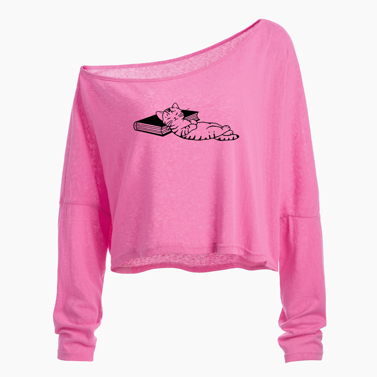 Cute Literary Cat Off Shoulder Long Sleeve Crop Top