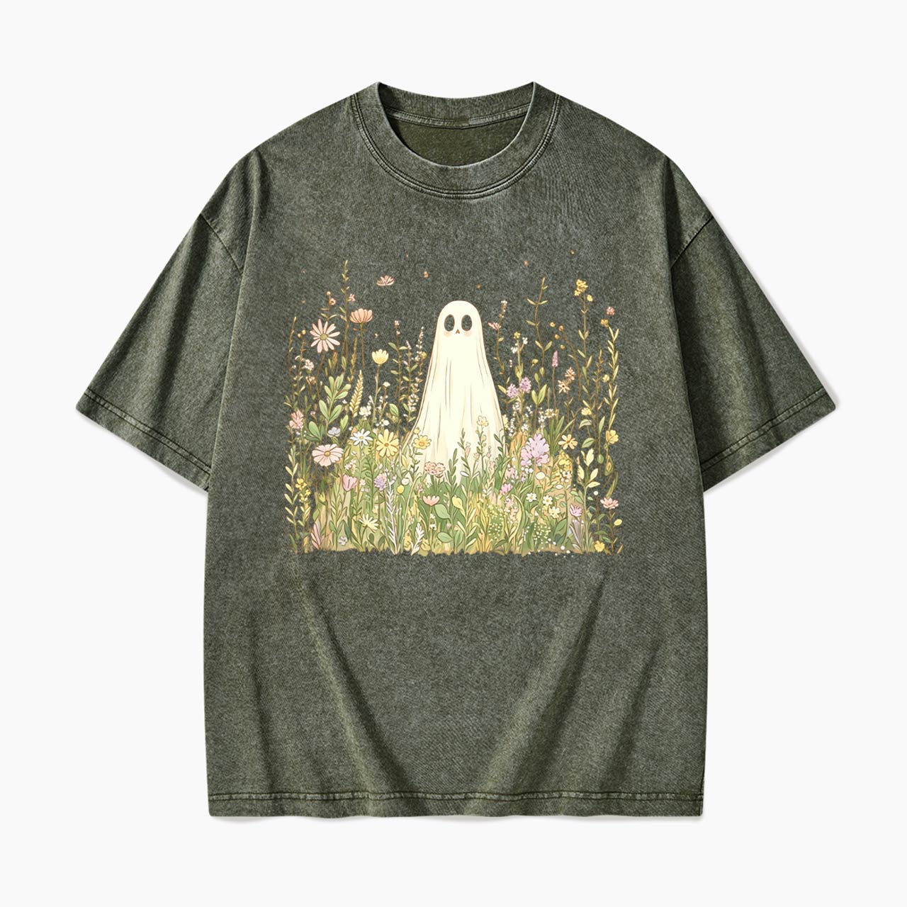 Cute Ghost with Wildflowers Washed Tees