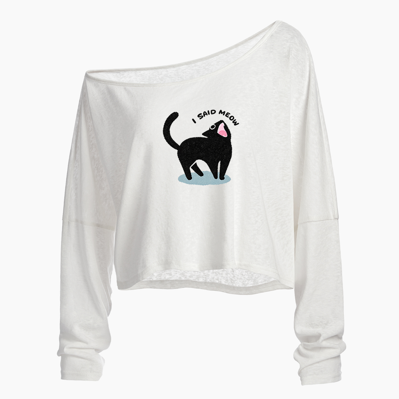 I Said Meow Off Shoulder Long Sleeve Crop Top