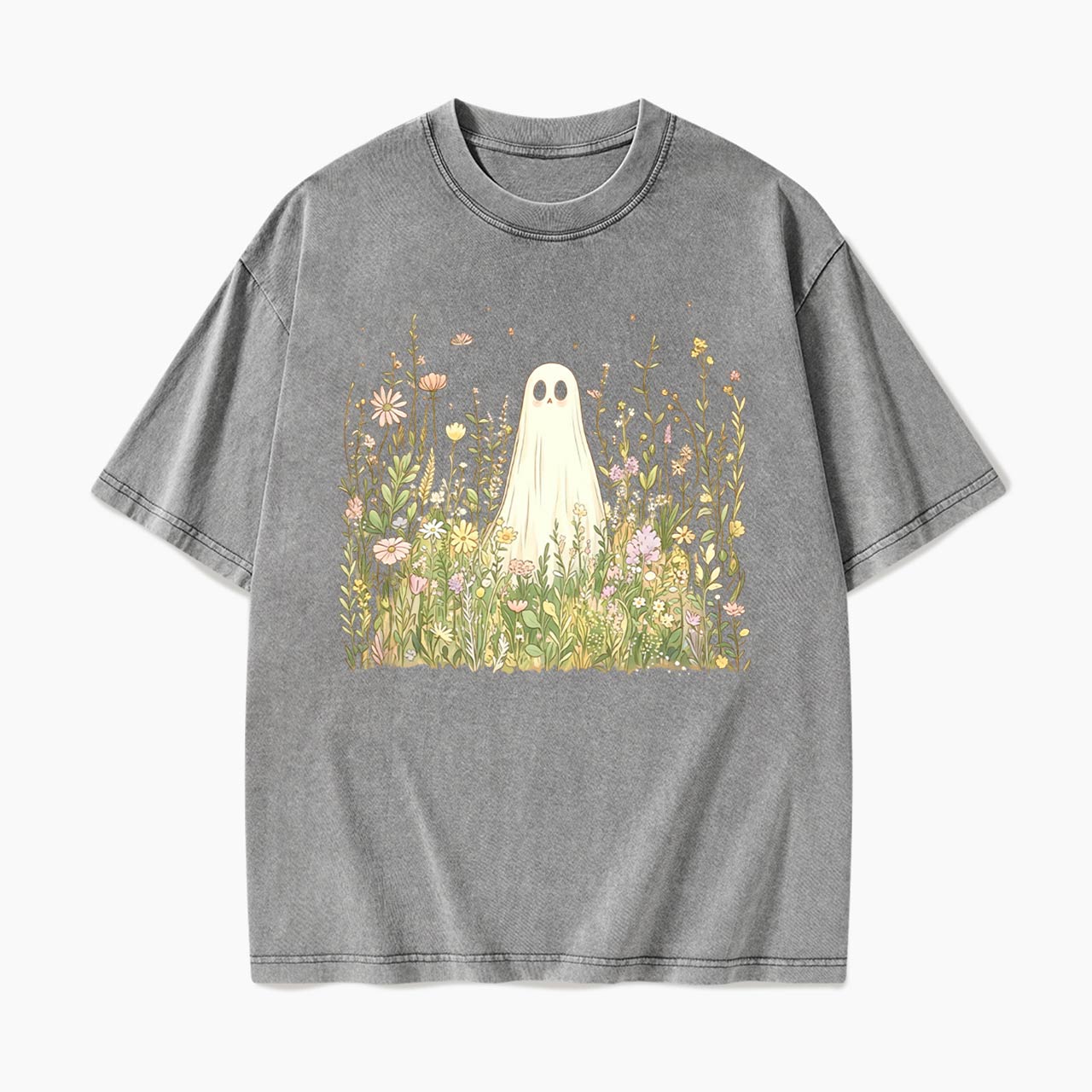 Cute Ghost with Wildflowers Washed Tees