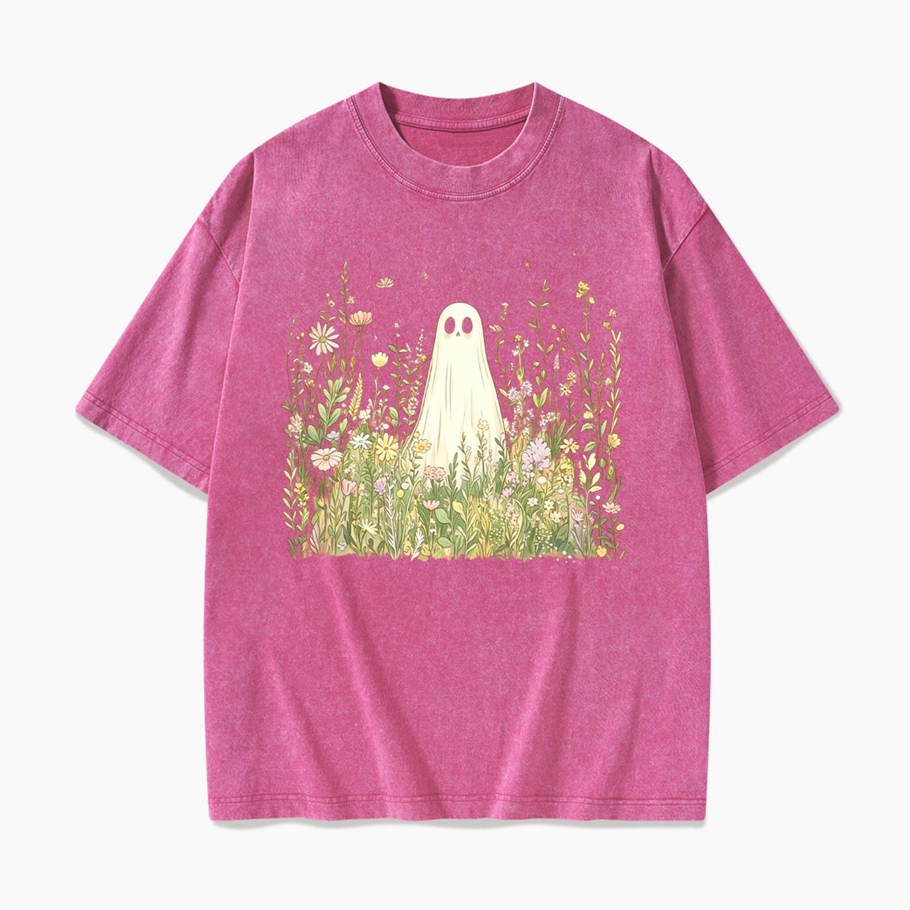 Cute Ghost with Wildflowers Washed Tees