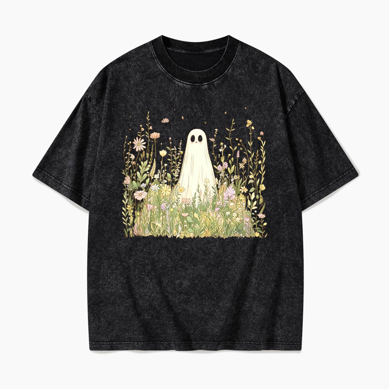 Cute Ghost with Wildflowers Washed Tees