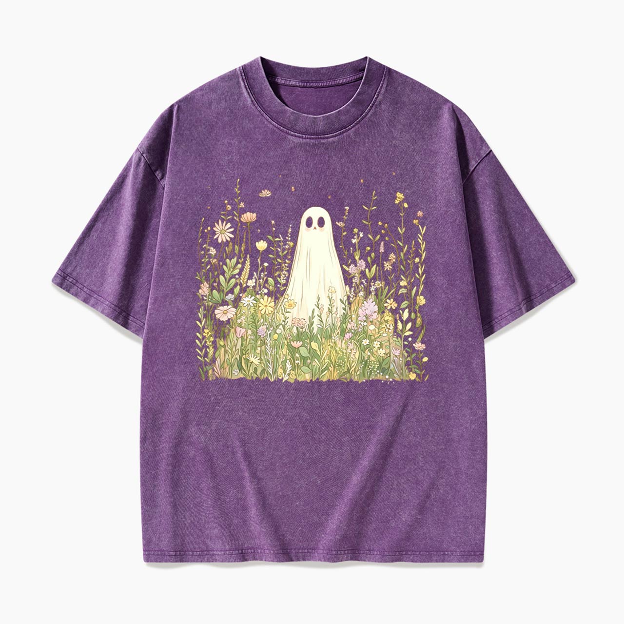 Cute Ghost with Wildflowers Washed Tees