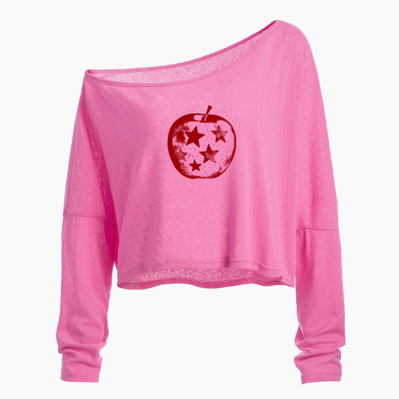 Apple With Stars Off Shoulder Long Sleeve Crop Top