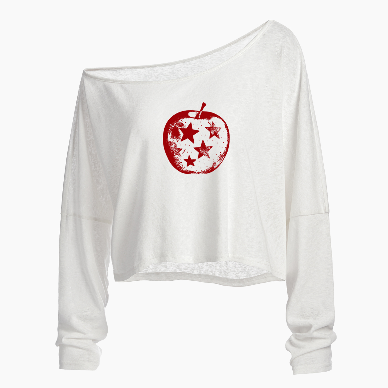 Apple With Stars Off Shoulder Long Sleeve Crop Top