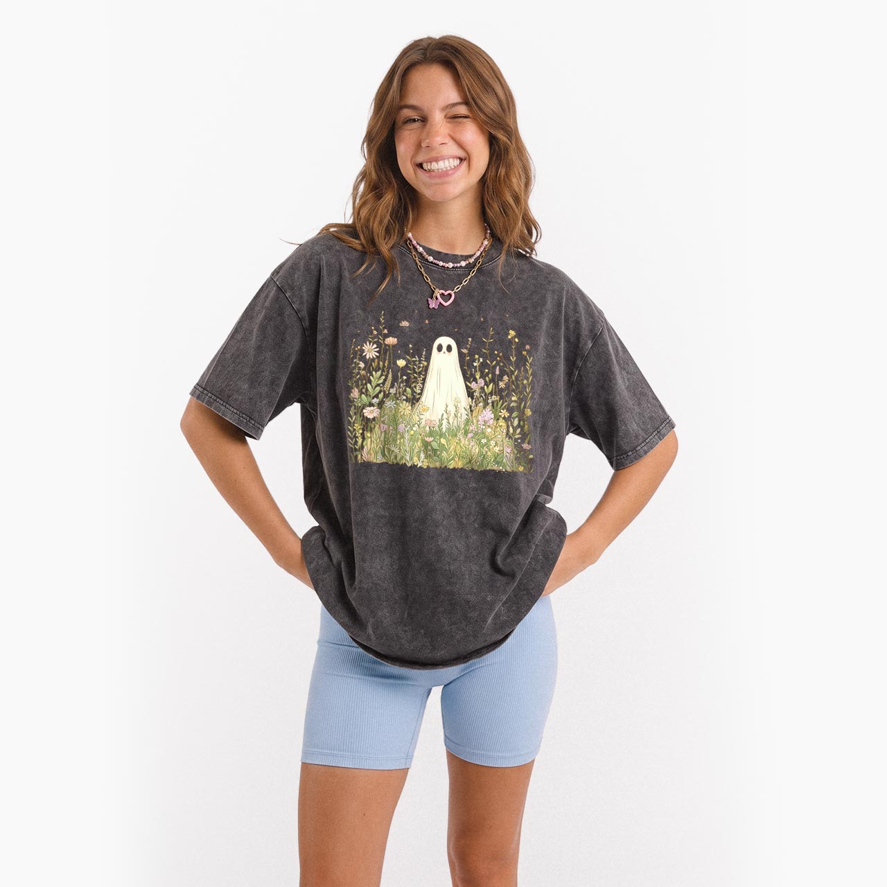 Cute Ghost with Wildflowers Washed Tees