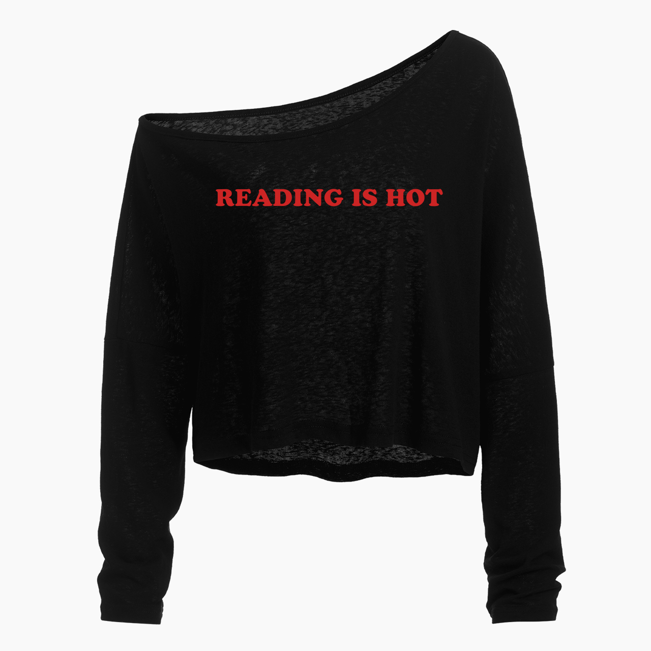 Reading Is Hot Off Shoulder Long Sleeve Crop Top