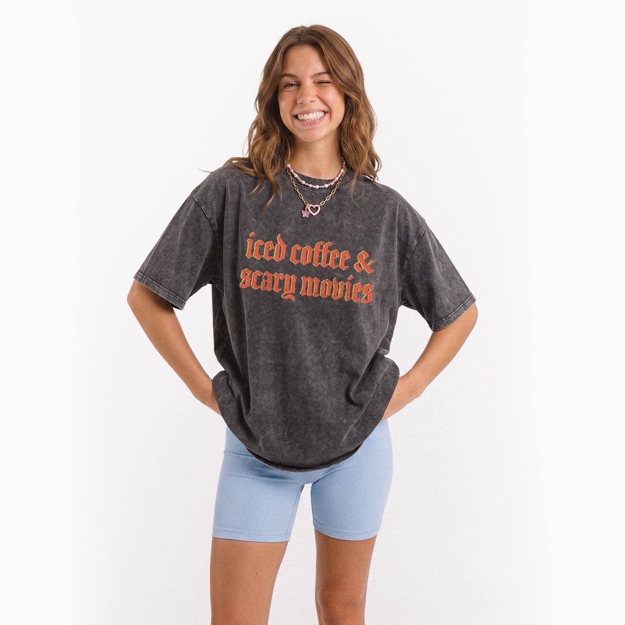 Iced Coffee and Scary Movies Halloween Washed Tees