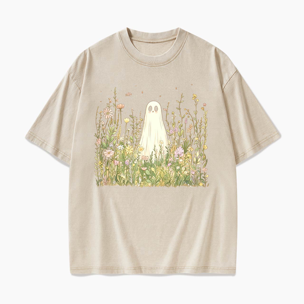 Cute Ghost with Wildflowers Washed Tees