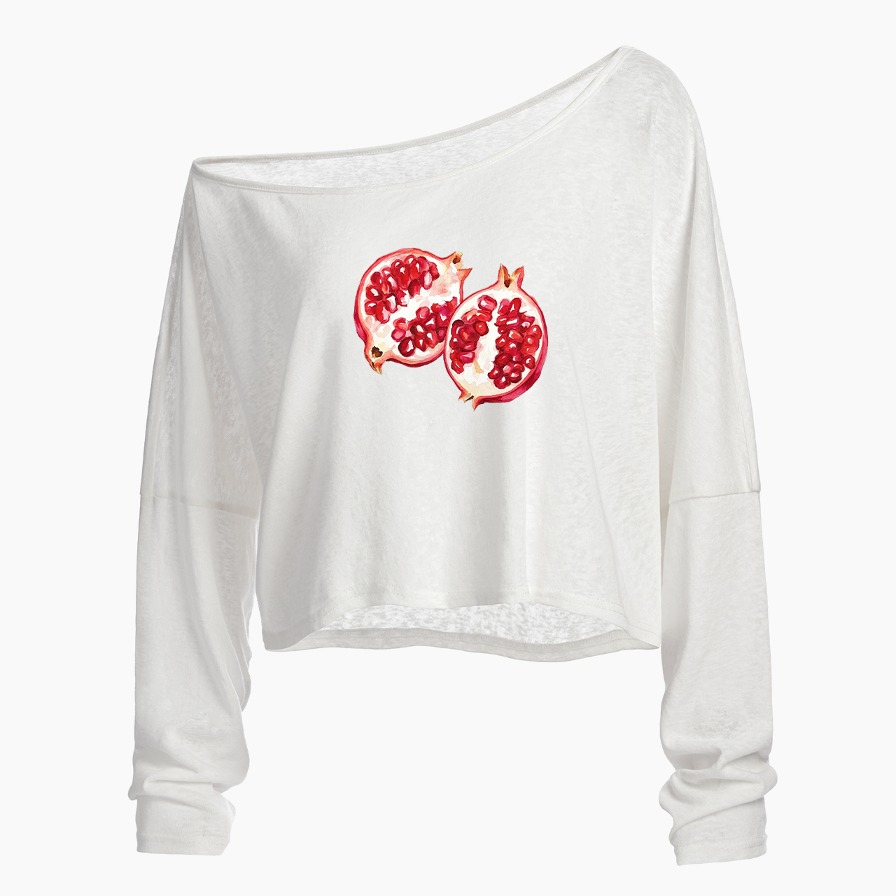 Watercolor Pomegranate Off Shoulder Long Sleeve Crop Top