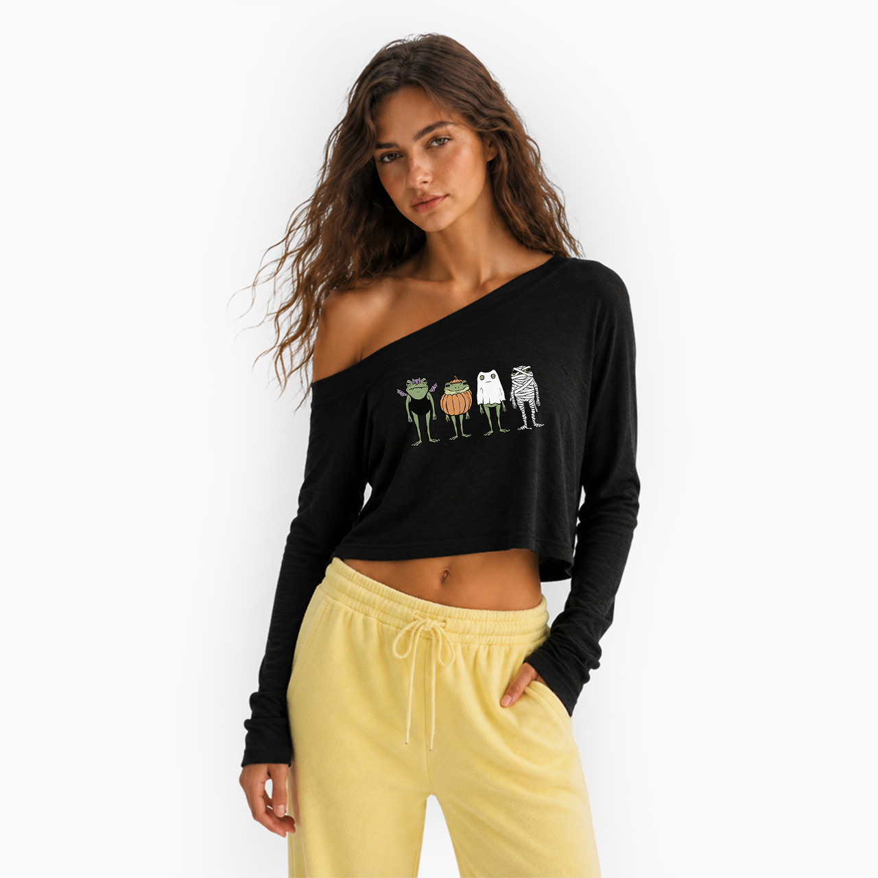 Trick or Treat Frogs Off Shoulder Long Sleeve Crop Top