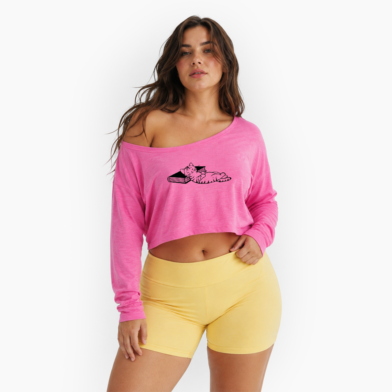 Cute Literary Cat Off Shoulder Long Sleeve Crop Top