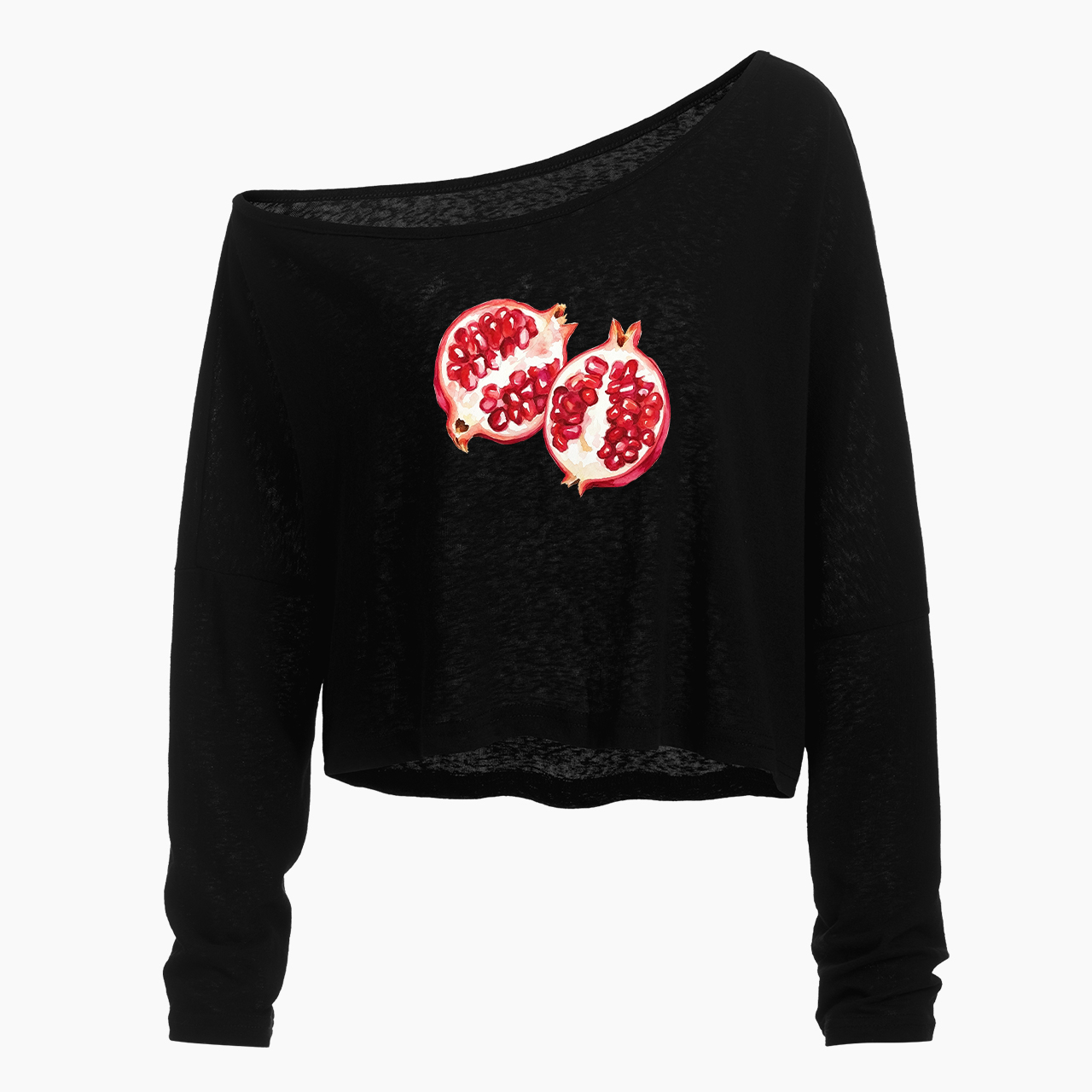 Watercolor Pomegranate Off Shoulder Long Sleeve Crop Top