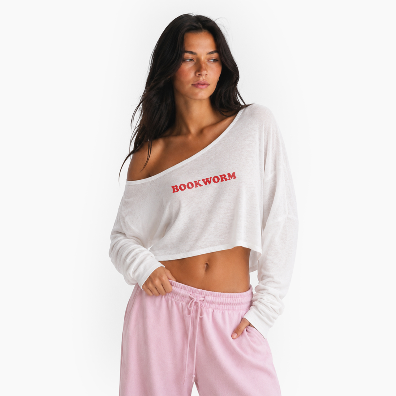 Bookworm Off Shoulder Long Sleeve Crop Top