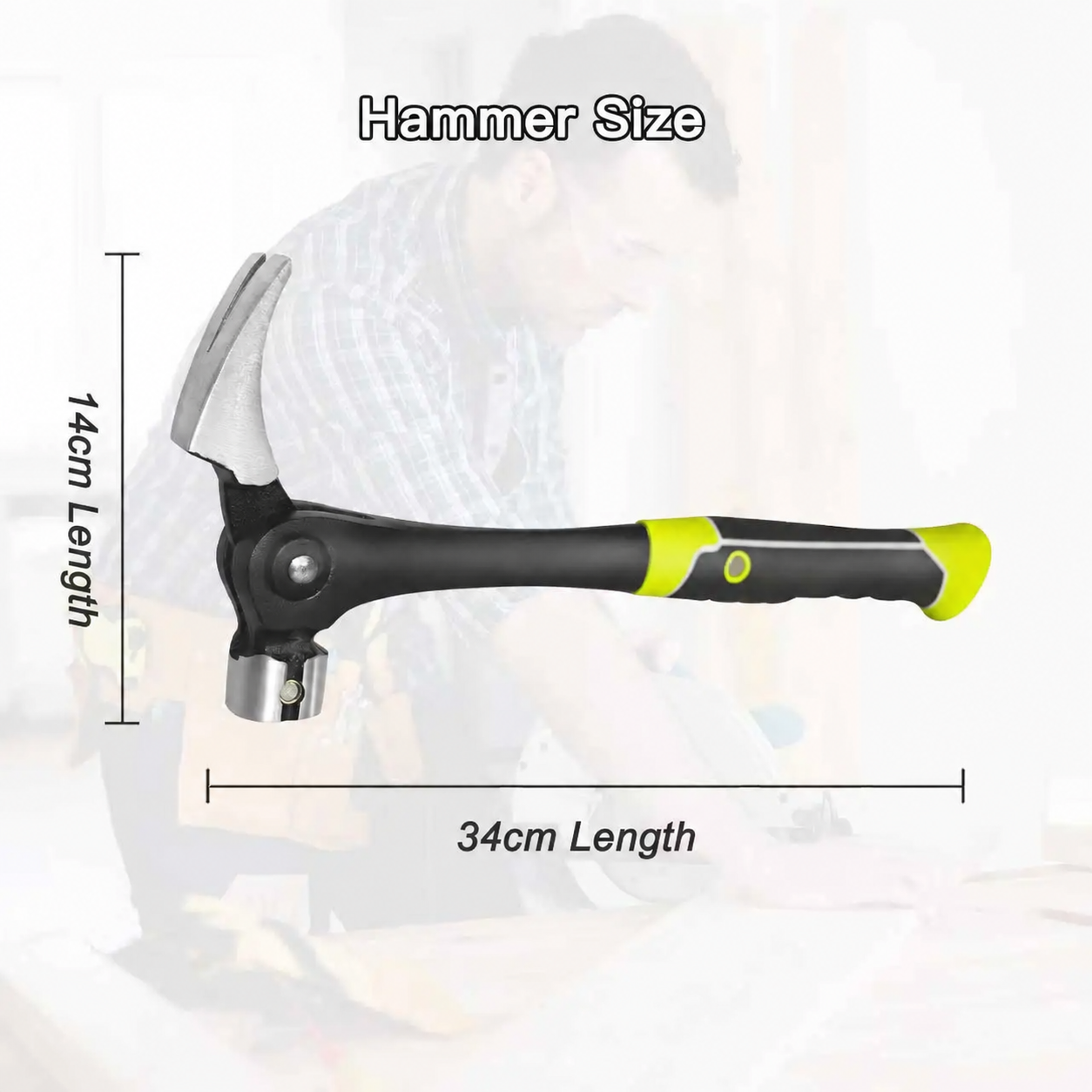 Adjustable hammer dimensions: 34 cm length and 14 cm head span