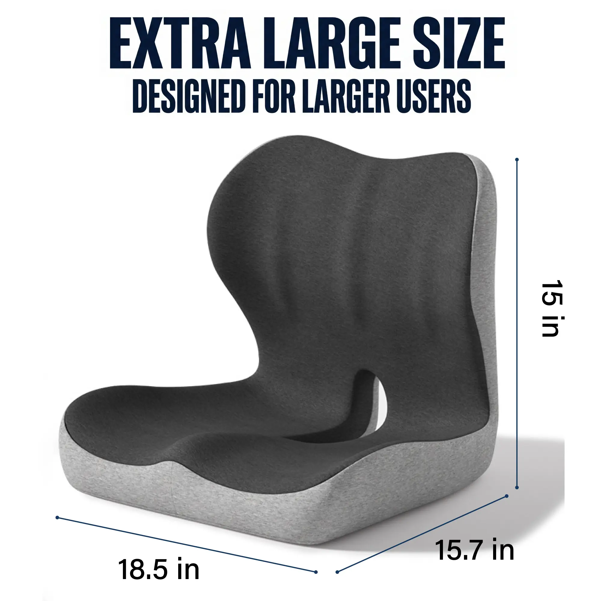 Gray Plus cushion and dimensions: 18.5 by 15.7 by 15 inches