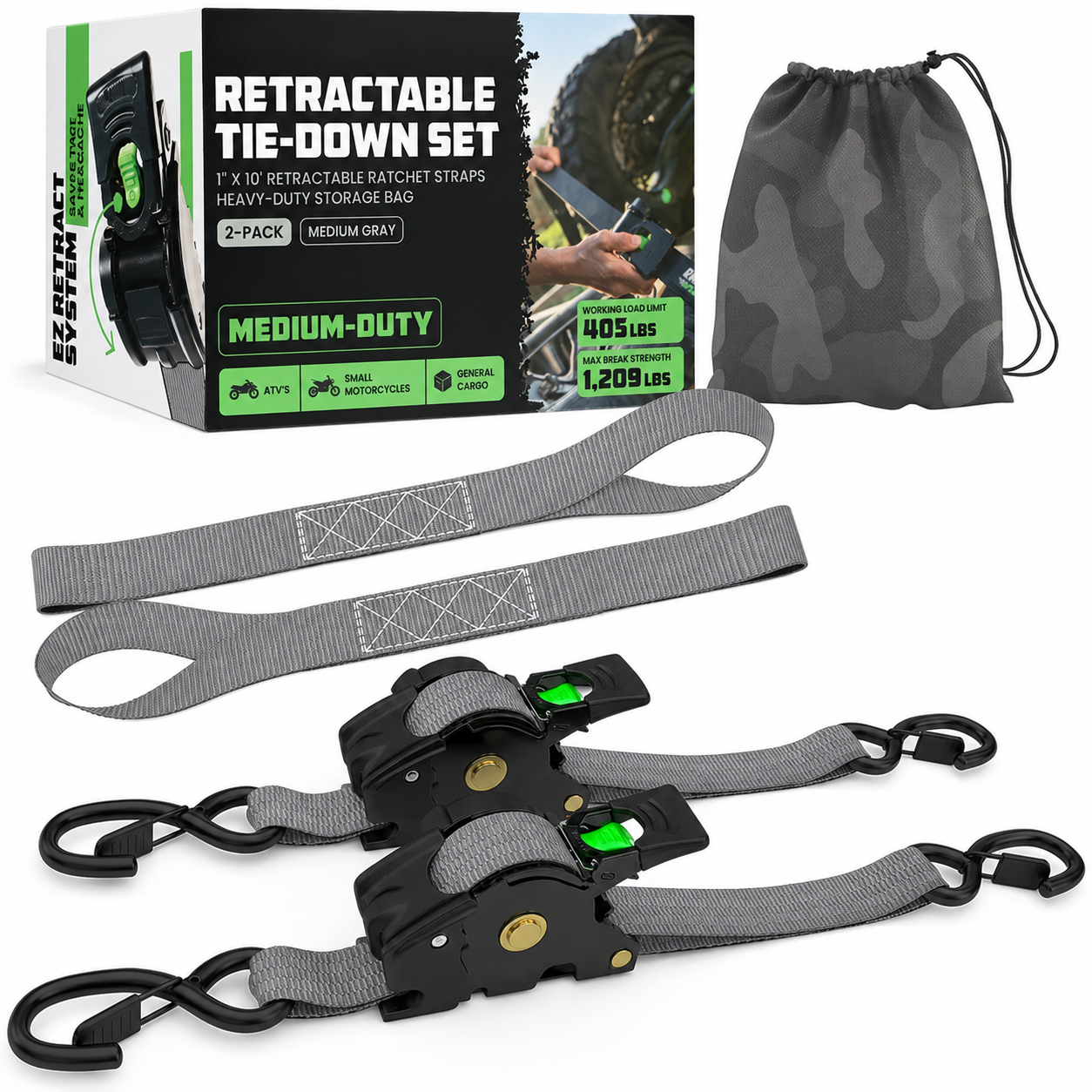 1" x 10' Retractable Ratchet Straps, Medium Duty Self Retracting Tie Down Straps, 9 Pack Only $38
