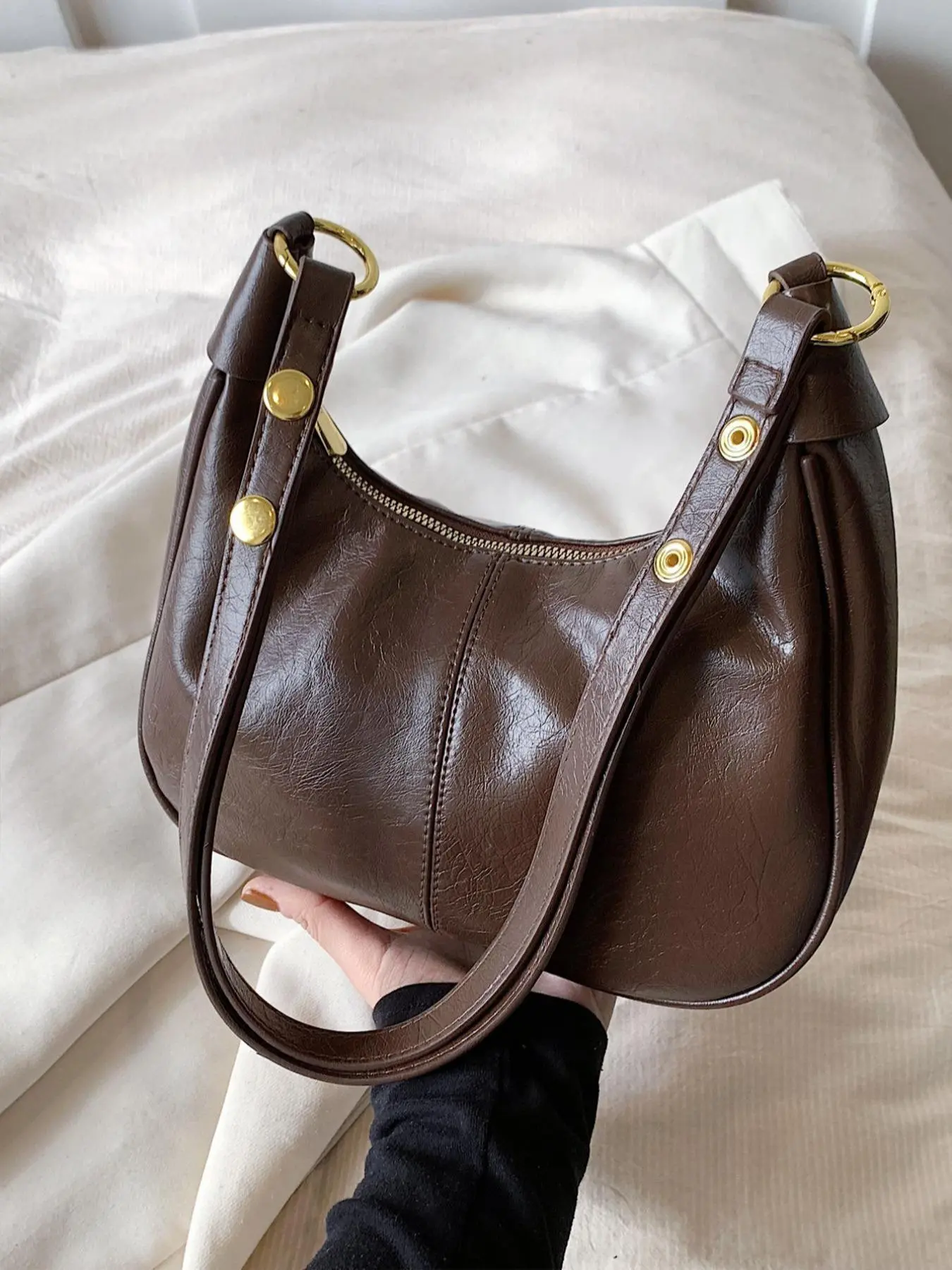 New Women's Simple Solid Color Zipper Shoulder Bag, Christmas Gift , Fashionable Versatile Underarm Bag, All-match Hobo Dumpling Bag for Daily Used