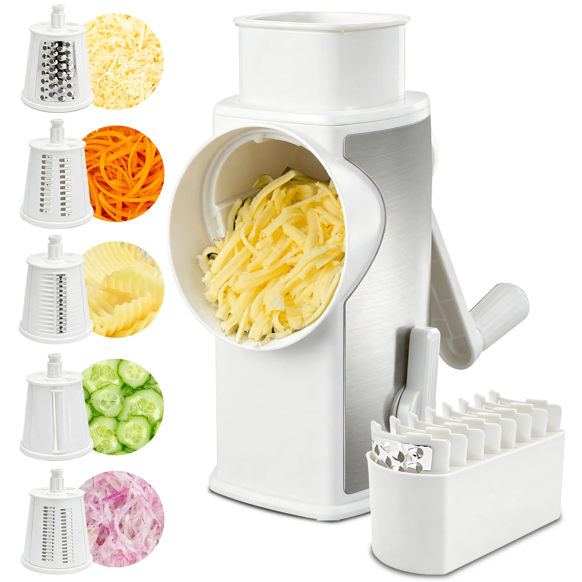 Manual Hand Crank Rotary Cheese Grater,5 Stainless Steel Blades,Strong Suction Cup Base,Multi‑Functional Vegetable Slicer Cutter,Kitchen Cooking Gadgets