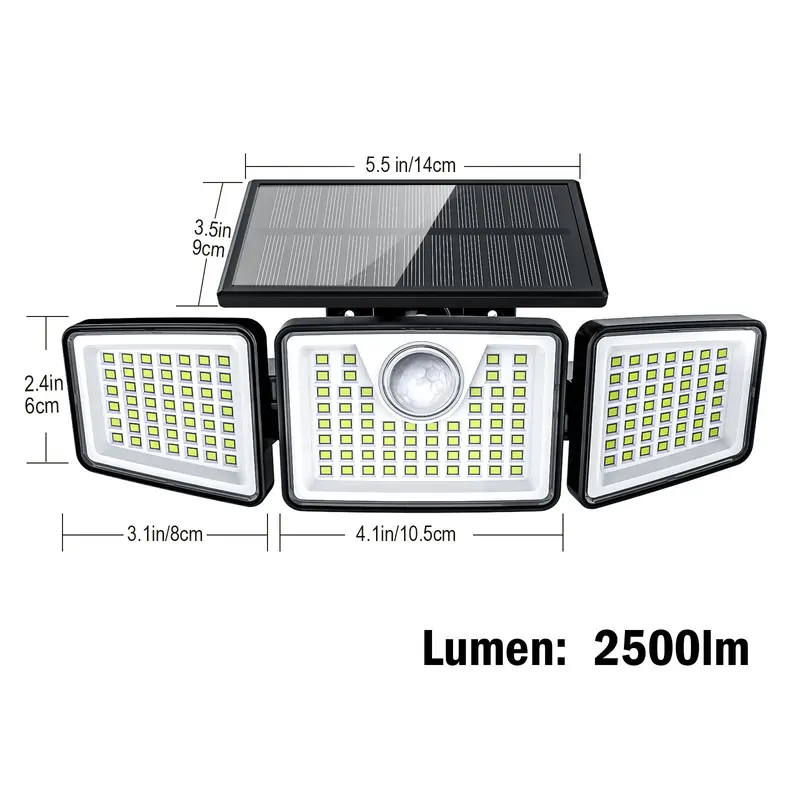 Solar Outdoor Security Spotlights, 2500LM 3‑Head Dimmable Adjustable Wall Mount Lights, 3 Modes, IP65 Waterproof, for Garage, Festival Gift