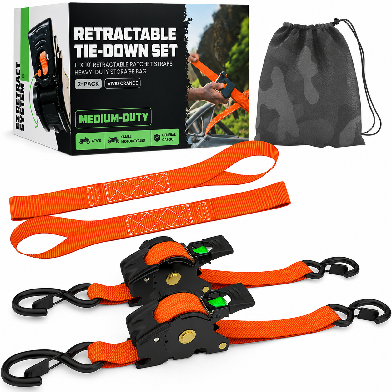 1" x 10' Retractable Ratchet Straps, Medium Duty Self Retracting Tie Down Straps, 9 Pack Only $38